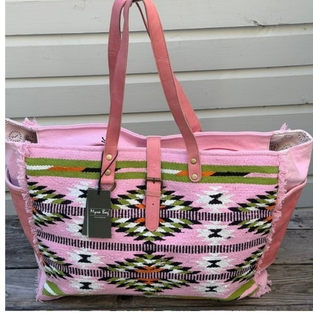 Myra Bag Pink Southwestern Woven Rug Canvas Leather Large Tote FLAW NWT